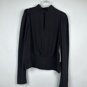FRAME Satin Kyhle Key Hole Opening High Neck Black Long Sleeve Silk Blouse M